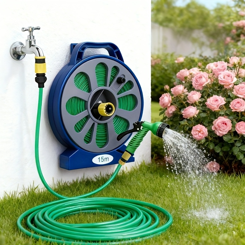 1 Set of 15m/590in Garden Hose with Water Gun Nozzle, EU/US Standard Adapter Included, Comes with Hose Reel, Water Gun, and Adapters. Leak-proof, Lightweight, Durable Braided Cover. Suitable for Outdoor Watering, Car Washing, and Floor Cleaning.