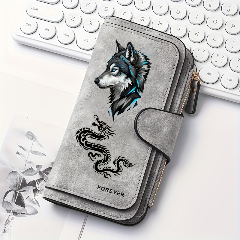 TEMU 1pc Wolf Pattern Women's Long Wallet, Multi-functional Wallet, Portable Snap Closure Coin Purse, Birthday Gift And Daily Lovers, Design, Gift,