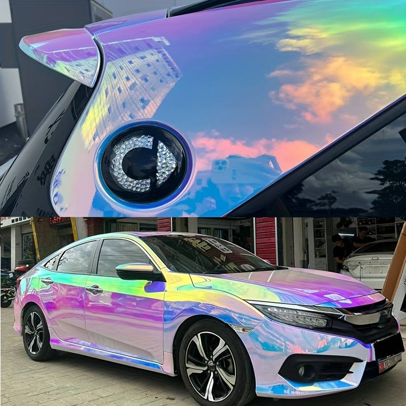 EZAUTOWRAP Holographic Brushed Aluminum Gold Vinyl Wrap – Rainbow Car Sticker Sheet