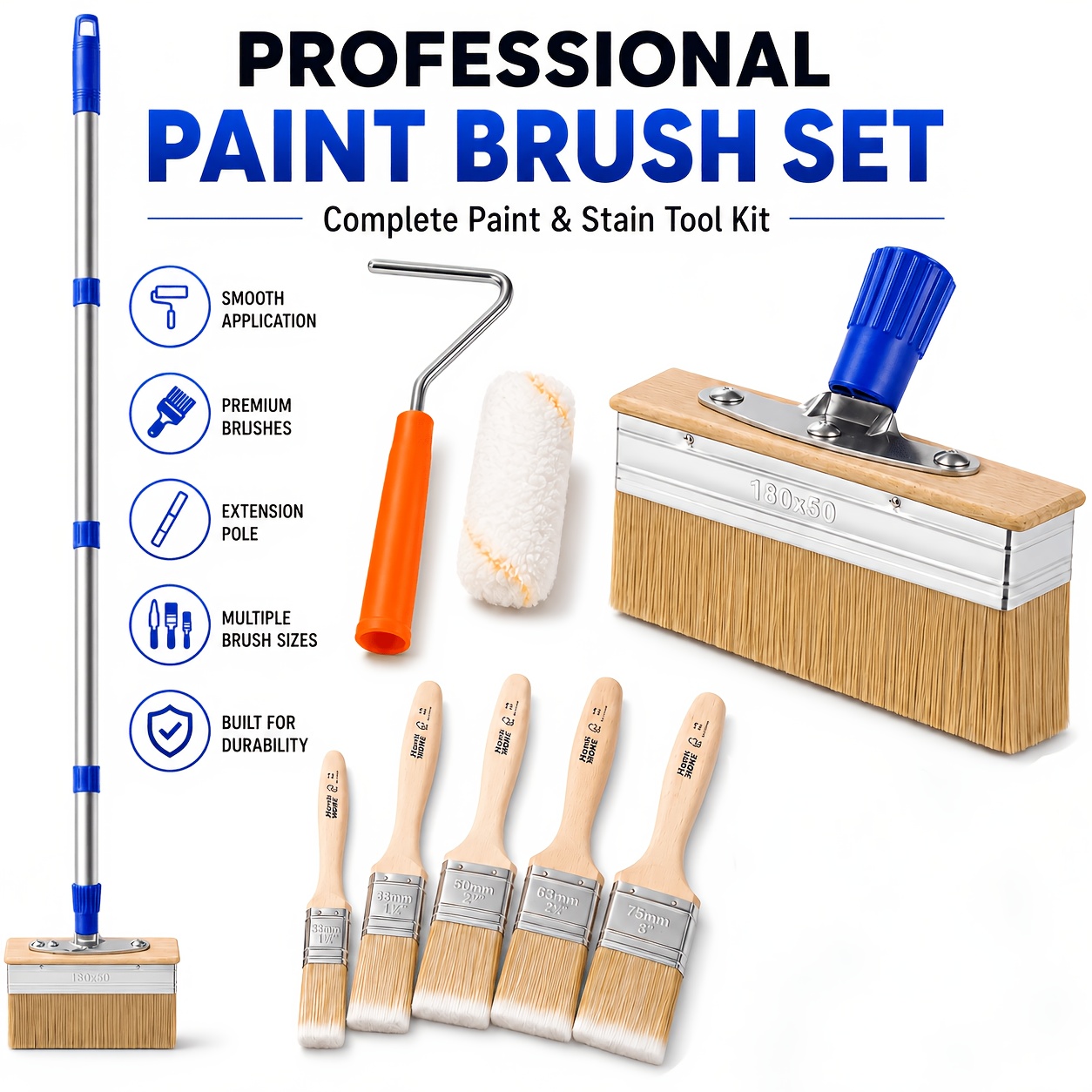 TEMU 7" Decking Paint Brush Applicator With 60" Long Handle, Paint Brush Set-5pcs, 4"paint Roller Set And Gloveincluded For , Oils, Deck , Fence,