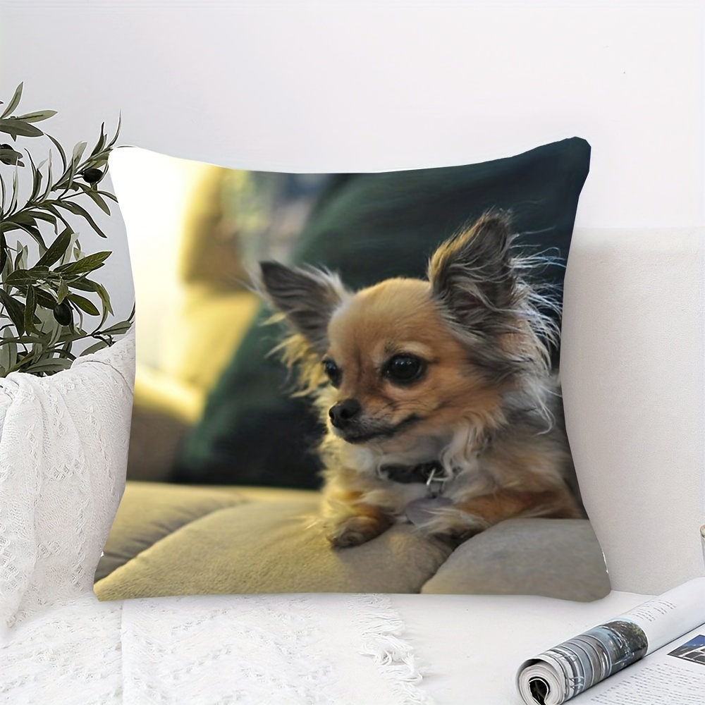 

Chic Long-haired Chihuahua 18x18" Plush Pillow Cover - Soft, Machine Washable, Zip Closure For Decor (pillow Not Included) Dog Pillow Covers