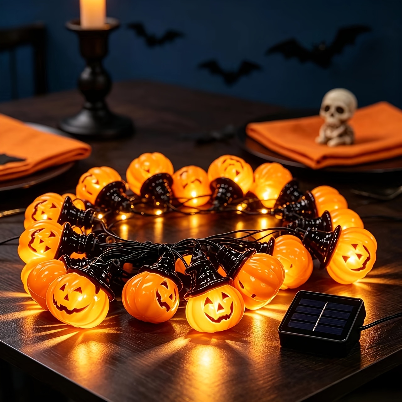 TEMU Luci a LED a forma di zucca a energia solare 5m 20 LED con cappello da strega 8 modalit� decorazione per Halloween per interni, esterni e