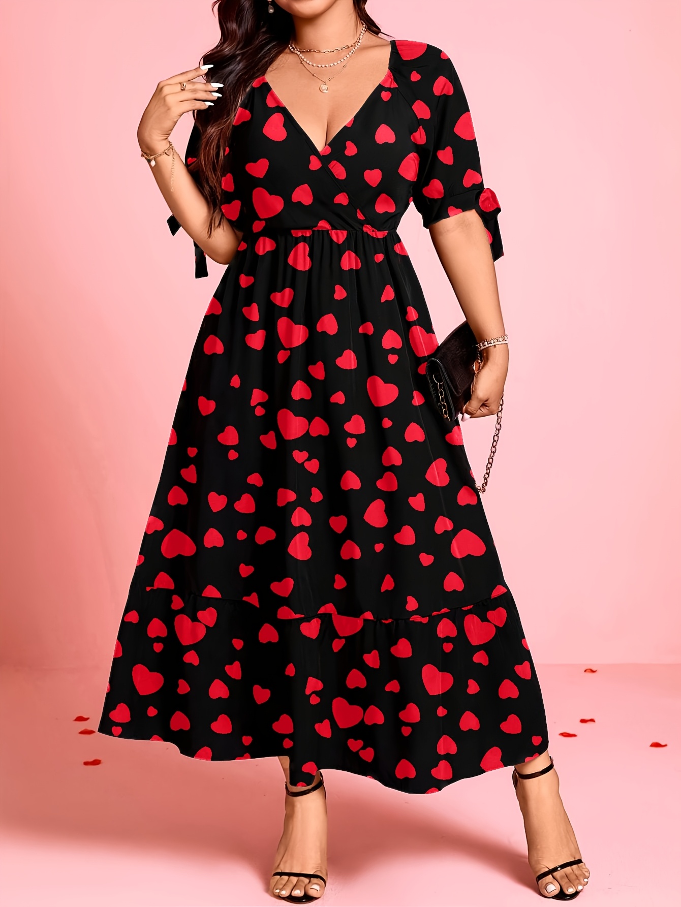 elegant black red heart print maxi dress women v neck short - Temu Germany