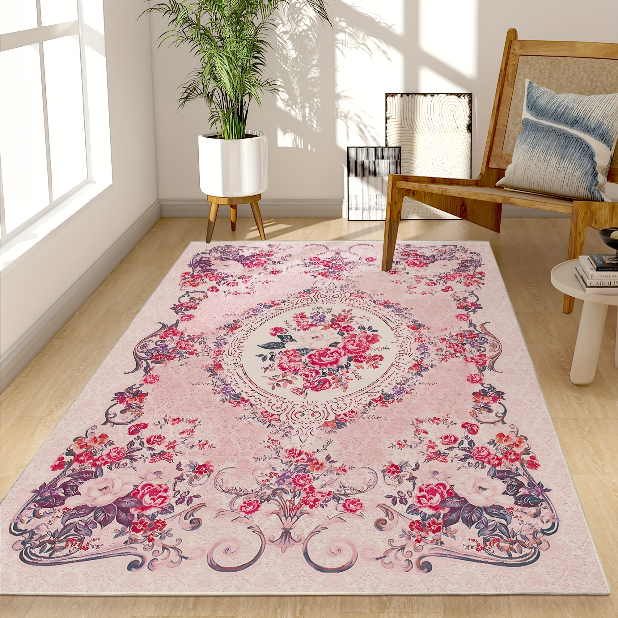 

Bohemian Style Indoor Area Rugs: Soft Pink Floral Design, Machine Washable, Cozy, Stain Resistant, Suitable For Bedrooms, Living Rooms, Offices, Doorways, And Entryways