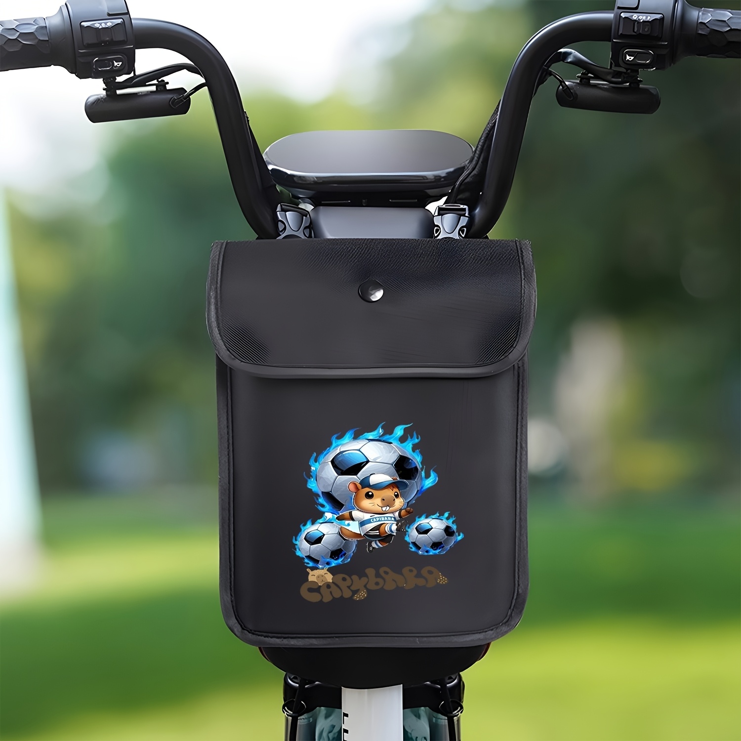 TEMU A Hand-held Bag Featuring A Blue And White Soccer Capybara Cartoon Design, Suitable For Bicycles And Electric Vehicles. This Stylish Black Bag