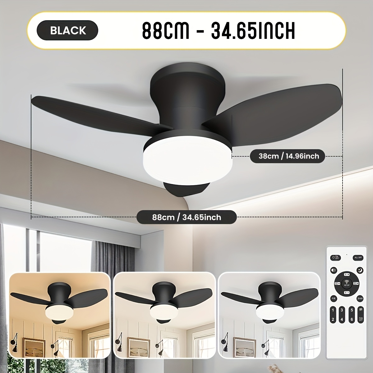 E-shop Weißer Deckenventilator 25/34,65 Zoll, mit Licht Fernbedienung, einstellbare dimmbare 3-Farben-Temperatur LED-Deckenventilator, umkehrbar,