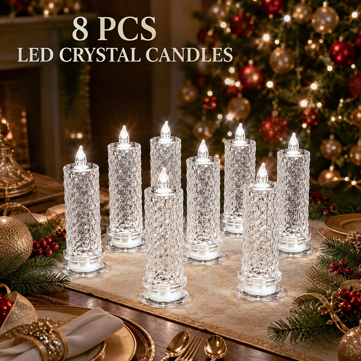TEMU 8pcs Battery-powered Led Crystal Flameless Electronic Candle Lights, 2 Sets Optional, Warm Standing Candle, Transparent Acrylic Diamond