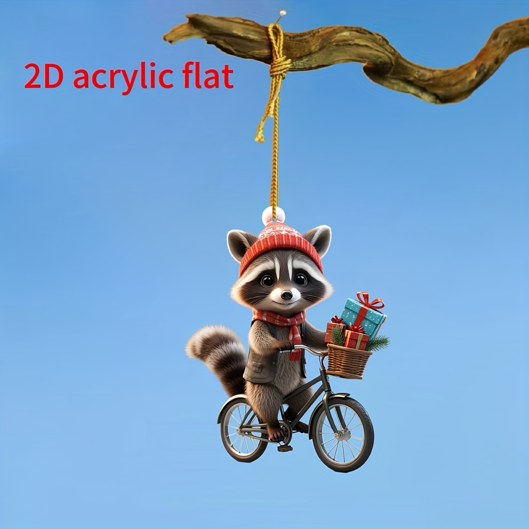 

1pc Acrylic Christmas Hanging Ornament - Cute Raccoon On Bicycle With Gifts, Festive Animal Pendant For Home Decor, Party Favors, Backpack Accessory, No Feathers, Electricity-free