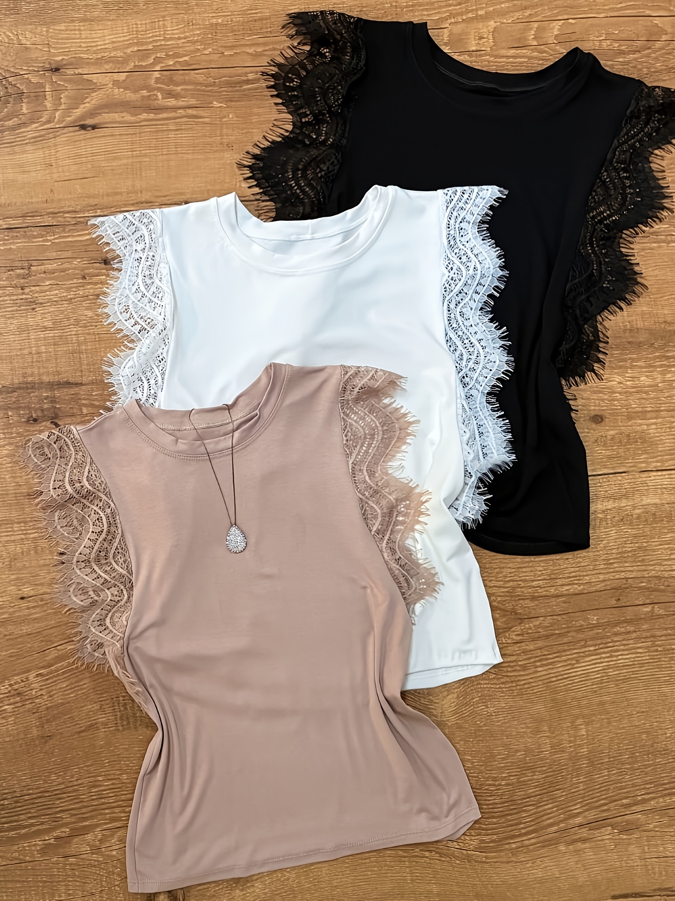 3pcs summer fashion vest set lace trim splicing round neck easy solid color casual vest sleeveless top for   walking elegant womens clothing ladies wear multi piece set asd1 details 1