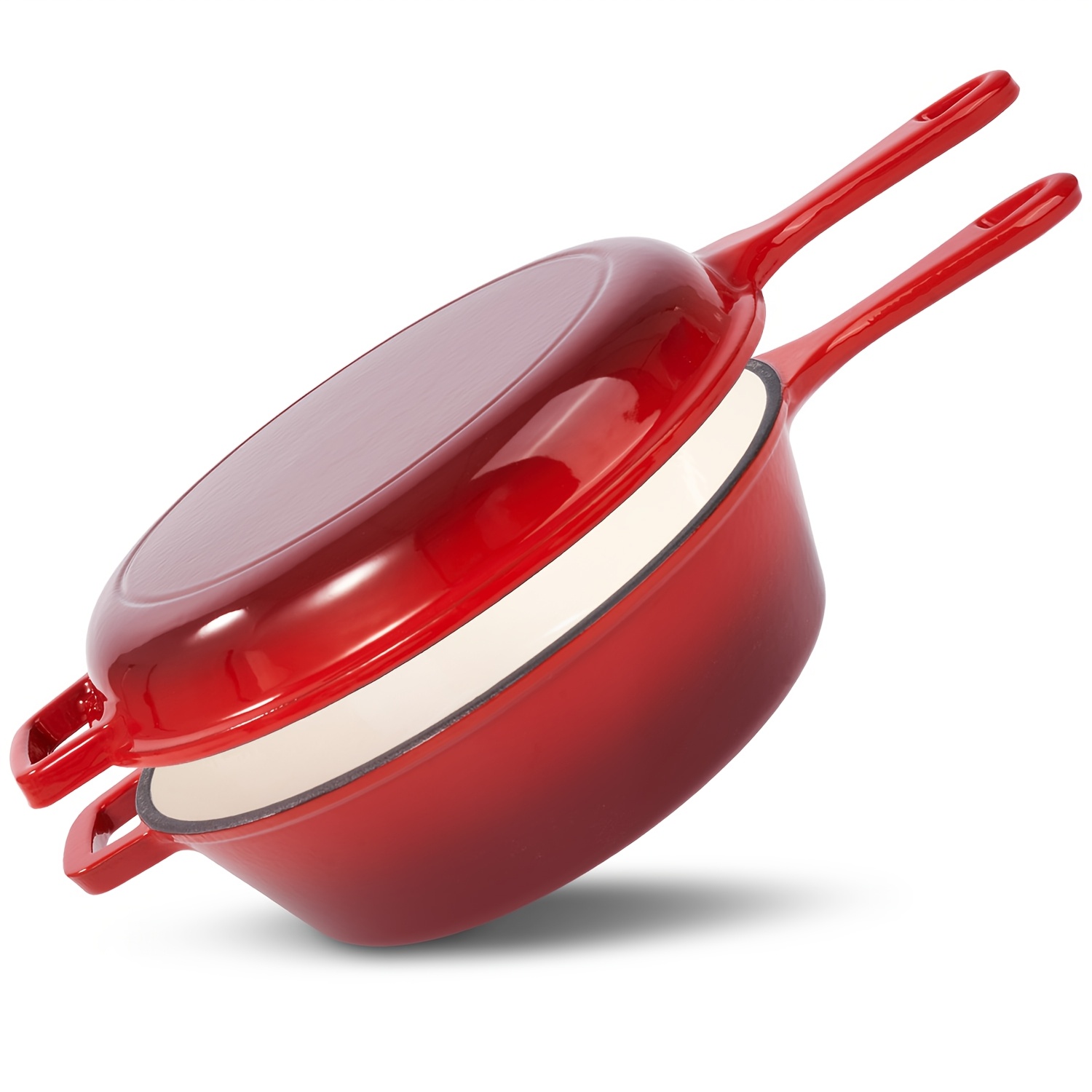 TEMU Ronde 2-en-1 en Fonte, Néerlandaise en Fonte, Émaillée Couverte, Idéale pour , la Cuisson, la Ragoût, Robuste et Antiadhésive, Double Poignée,