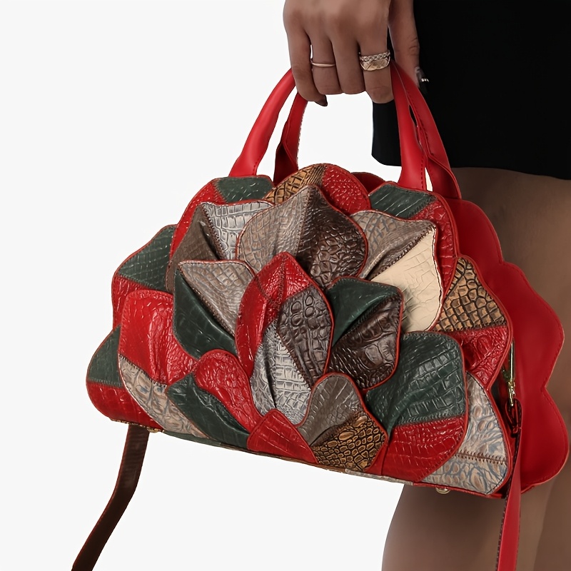 [Genuine Leather Satchel] Genuine Leather Satchel Handbag - Cobbler Legend Wo's Handmade Top Layer Cowhide with Lotus Flower & Crocodile Texture Design, Detachable Strap, Zipper Closure, Vibrant Color Block for Casual & Formal Occasions