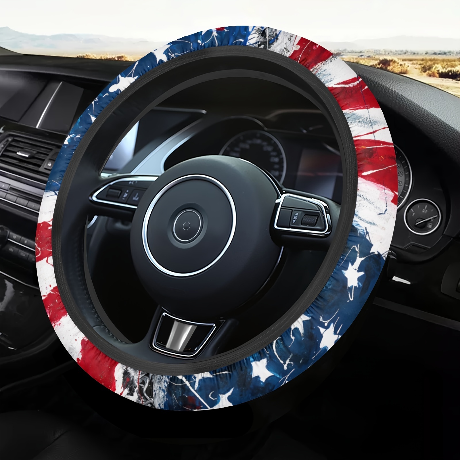 

1pc Vintage Watercolor Paint American Flag Print Car Steering Wheel Covers For Women Men Patriotic 4th Of July Car Interior Accessories