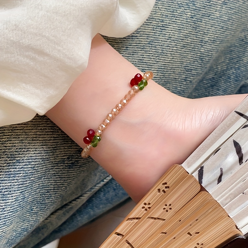 Cherry Bead Stretch Bracelet with Sparkling Crystals for Women