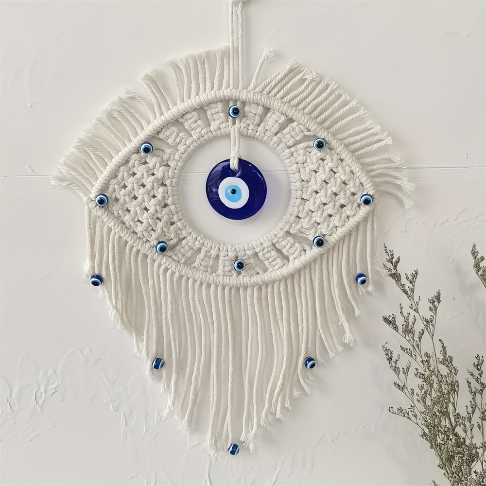 

Boho Chic Handcrafted Turkish Blue Evil Eye Wall Hanging - Handmade Cotton Macrame Protective Amulet, Home Decor Charm Without Feathers