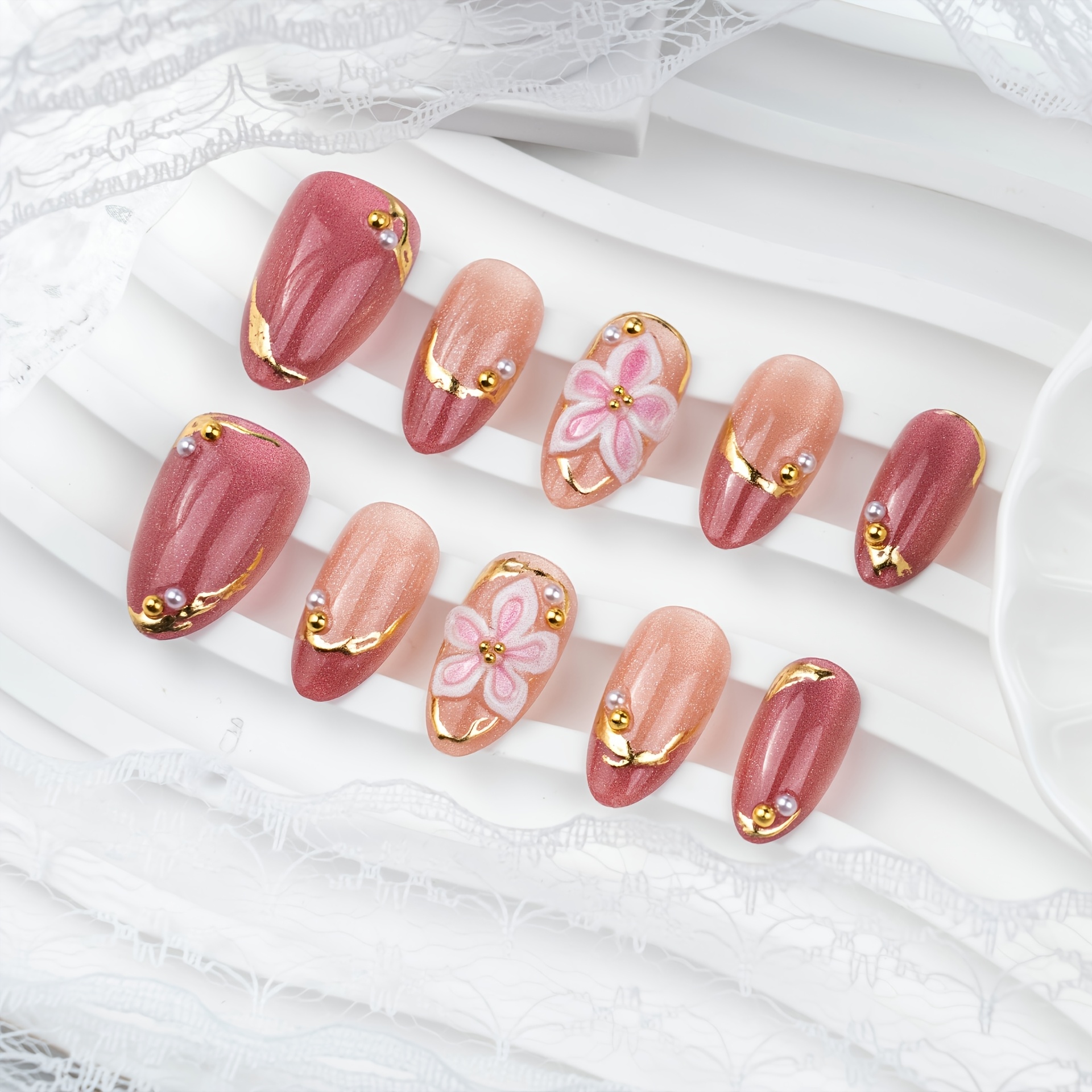 TEMU 10pcs Pink Cat Eye Press On Nails, Almond Nails With 3d Flower And Golden Accents, Full Cover Tips For Women, Elegant Floral Style
