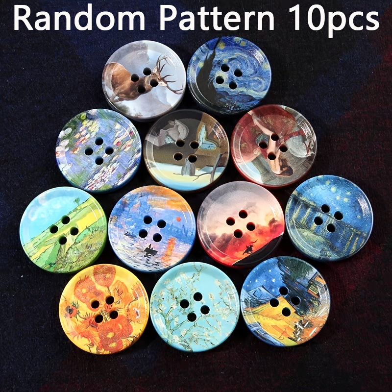 TEMU 10pcs-25mm-4-hole Resin Art Oil Painting Decorative Buttons, Van Gogh Starry Night, Water Lilies, - Durable Resin Round Buttons, Suitable For