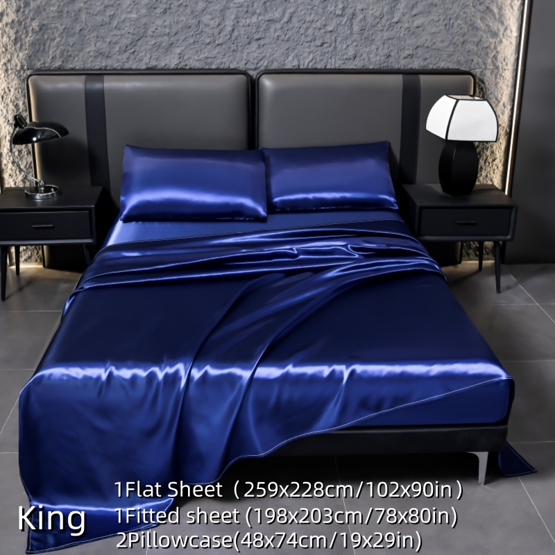 E-shop 4-teiliges Set: 1 Spannbetttuch + 1 Bettlaken + 2 Kissenbezüge, bequemes Satin-Bettlaken- Kissenbezug-Set, einfarbige Satin-Bettwäsche – weiche