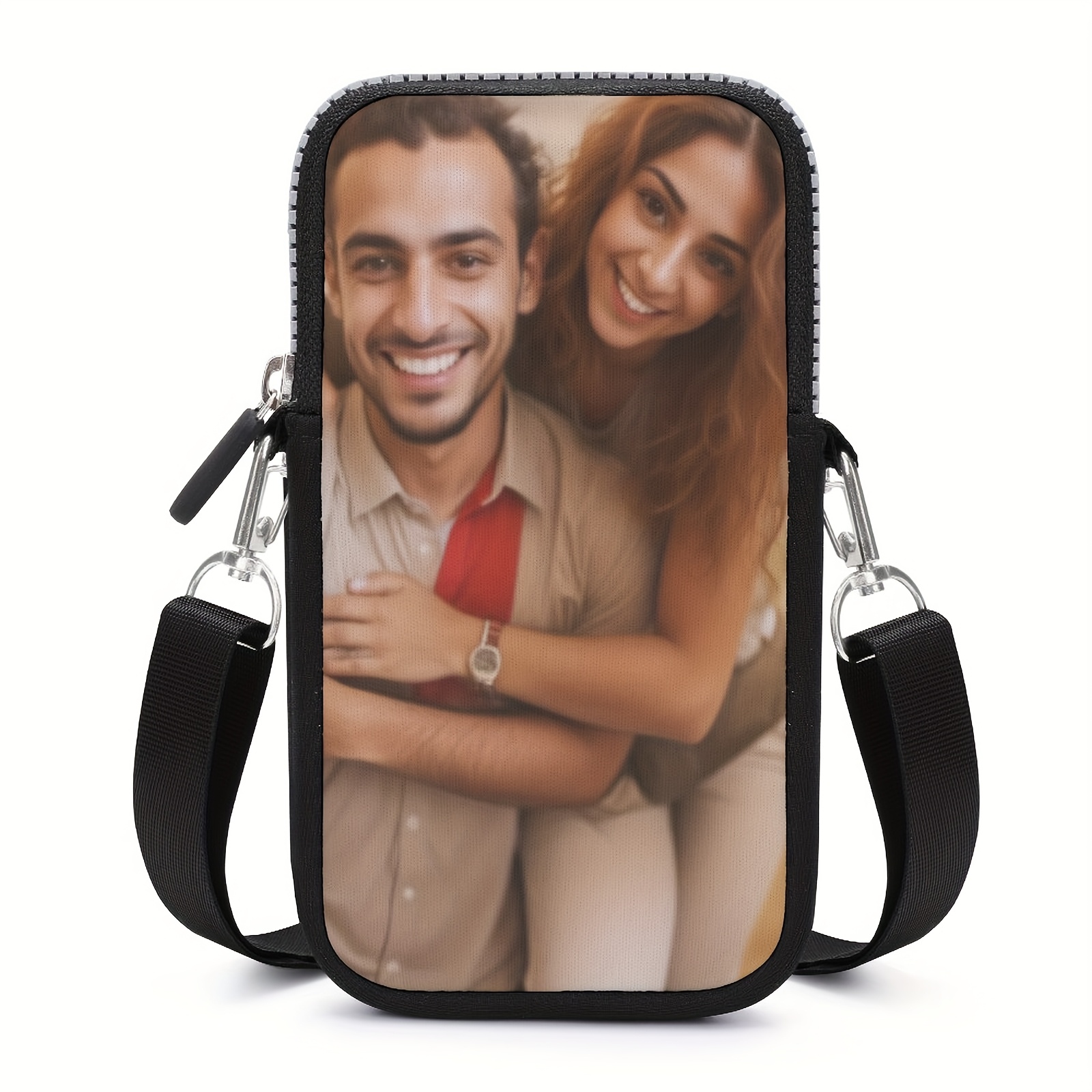 TEMU Custom Photo/text/logo Smartphone Pouch - Adjustable Vertical Crossbody Bag With Shockproof Protection, Durable Fabric & Secure Zipper Closure -