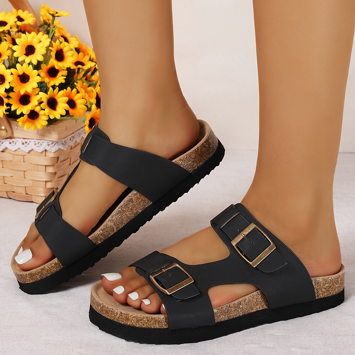 women s retro cork slides double buckle straps open toe flat 1