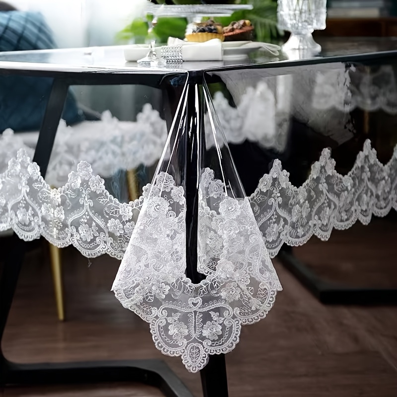 1pc elegant white embroidered lace square pvc tablecloth transparent high quality vintage style for weddings parties and holiday   wedding table decor vintage lace design durable tablecloth