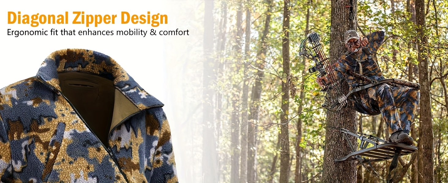 NEW VIEW Quiet Whitetail Deer Bow Hunting Gear Set for Men - Camo Jacket & Pants in Berber Fleece, Lightweight & Durable with Patented Camouflage Pattern, Multi-Functional Zippers & Safety Harness Integration, Ideal for Cold Weather Outdoor Adventures, Hunting Accessories