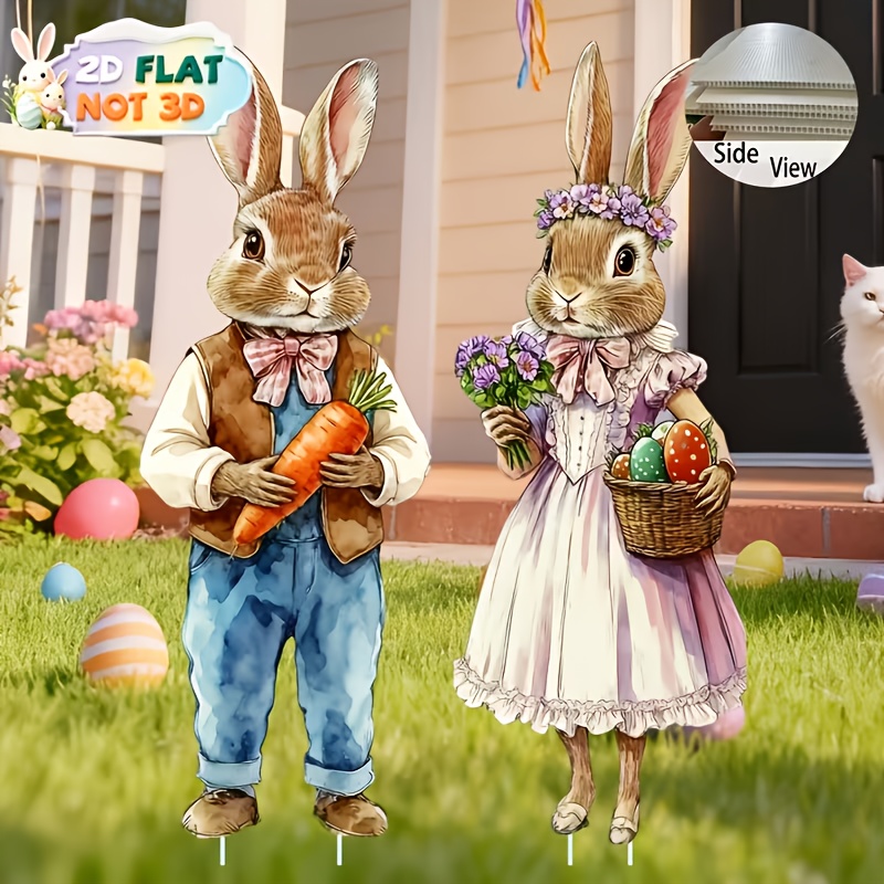 Image of [2d Flat] 2d Flat 2pcs 2d Flat Retro Easter Yard Signs | Decor With Stakes, Plastic Pole Mount, Ideal For Spring Easter Party Outdoor Lawn Decorations, Yard Art For Garden Patio Home, 2d Flat