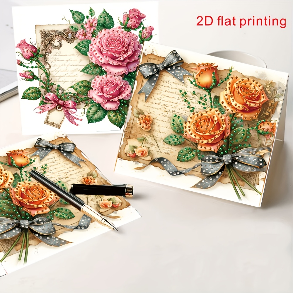 TEMU 6pcs Unique Creative Book Floral Birthday Envelope Painting Card, With Fun Colored Design. 6pcs Cards, 6pcs Envelopes, Rhinestone Bag And Tool