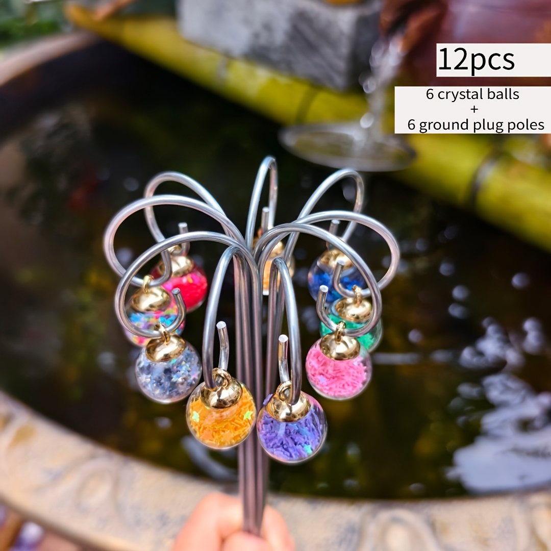 【3d】 [3d] 12pcs Crystal Glass Ball Star Sequined Pendant Set, Sun Catcher Home Garden Decor, Flower Pot And Shelf Decoration Rod, Includes 6pcs Pendants And 6pcs Ground Stakes (random Colors)