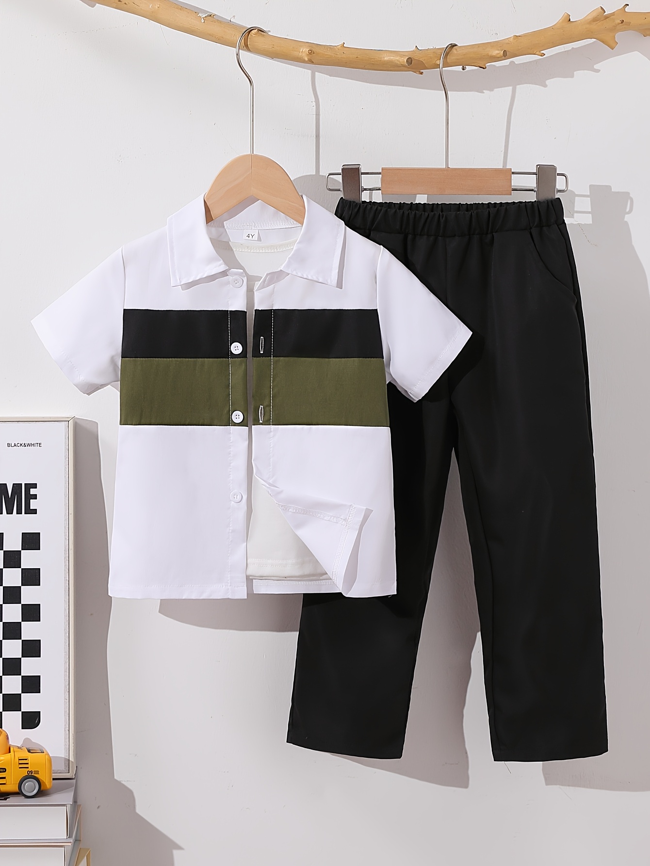 boys summer short sleeve shirt pants set casual color block Temu