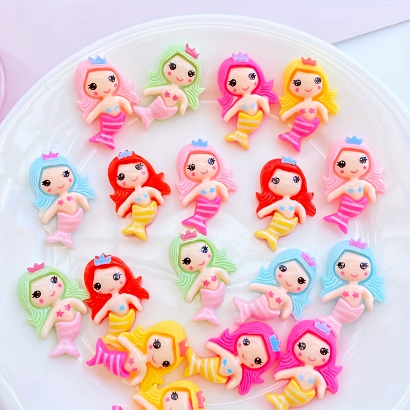 

12pcs, Kawaii Shiny Colorful Resin Cute Cartoon Mermaid Princess Back Flatback Stone Statue, Scrapbooking Diy Decor Crafts Accessories, Room Decor, Home Decor