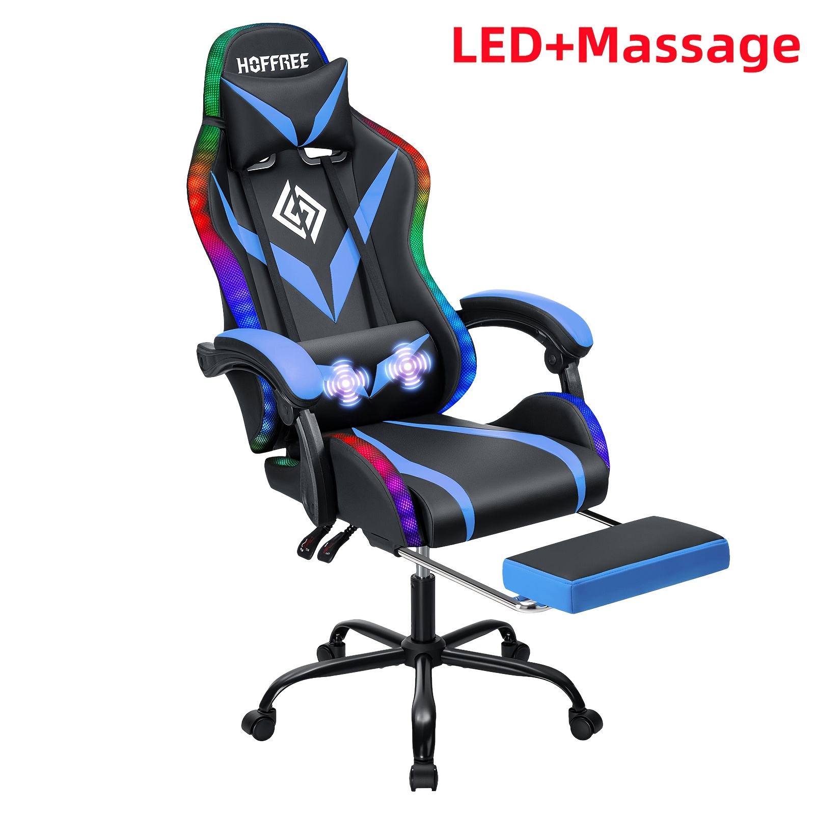 TEMU Gaming Chair With Led Light, Computer Chair With Footrest And Lumbar Support, Height Adjustable Game Chair With Seat And Headrest For Office Or