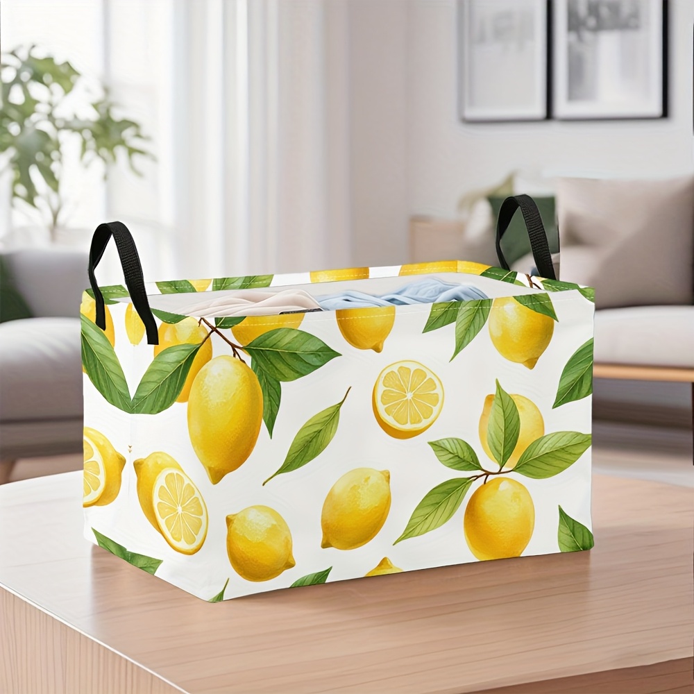 TEMU 1pc, Dokriy, Watercolor Lemon Print Foldable Laundry Baskets With Handle, Large Capacity Home Organizer For Clothes, Sundries, Books