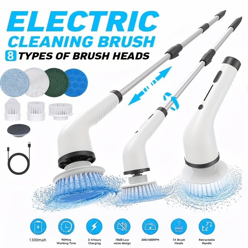 TEMU 2026 Electric Rotary Scrubber, Rechargeable Cleaning Brush, Shower Scrubber With 8 Brush Heads, 2h Power , Adjustable Extended Handle, For Kitchen Accessories, Bathroom Accessories, Toilet Brush,