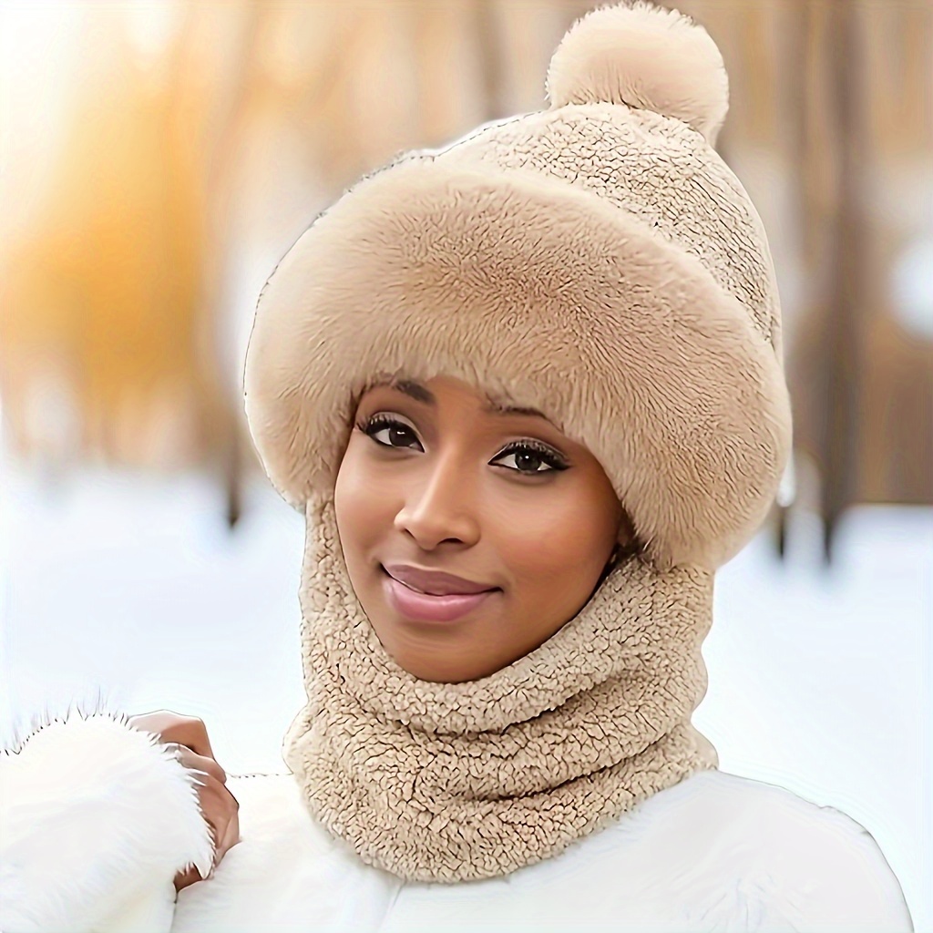 

1pc Thickened Warm Plush Hat Strap Scarf Set, Autumn And Winter Warm Portable And Suitable For Travel - Plush Texture, , Twisted Weave, With Neck Protection And Hat