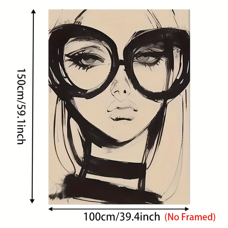 TEMU 2d Flat, 1pc Large Modern Minimalist Frameless Vertical Wall Poster - Girl With Glasses, Monochrome Ink Drawing Canvas Suitable For Living Room,