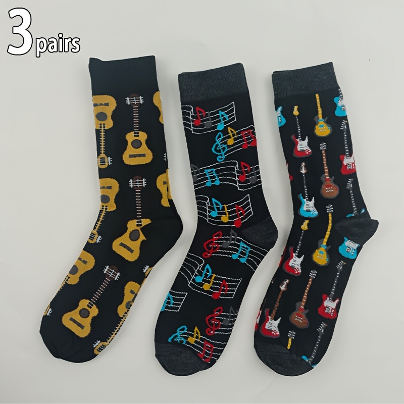 TEMU 3-pack Men'-themed Mid-calf Socks - Cartoon Musical Instrument Designs, Vibrant Colors, Soft Breathable Fabric, Comfortable & Durable - Perfect