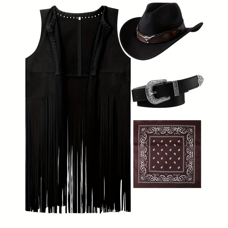 TEMU Cowgirl Tassel Sleeveless Vest Cowboy Hat Belt And For Dress Up (black, L)