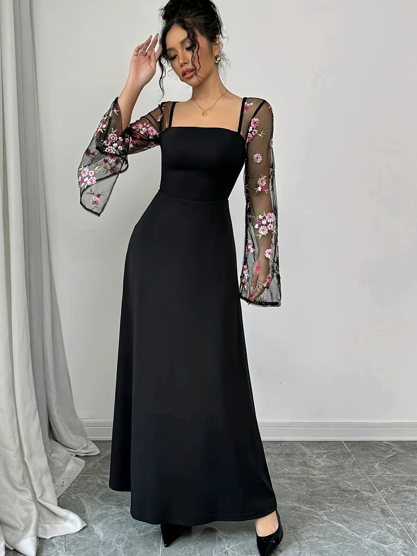 knee length dresses for ladies Gothic Black Floral Mesh Dress with Chiffon Layers main image 1