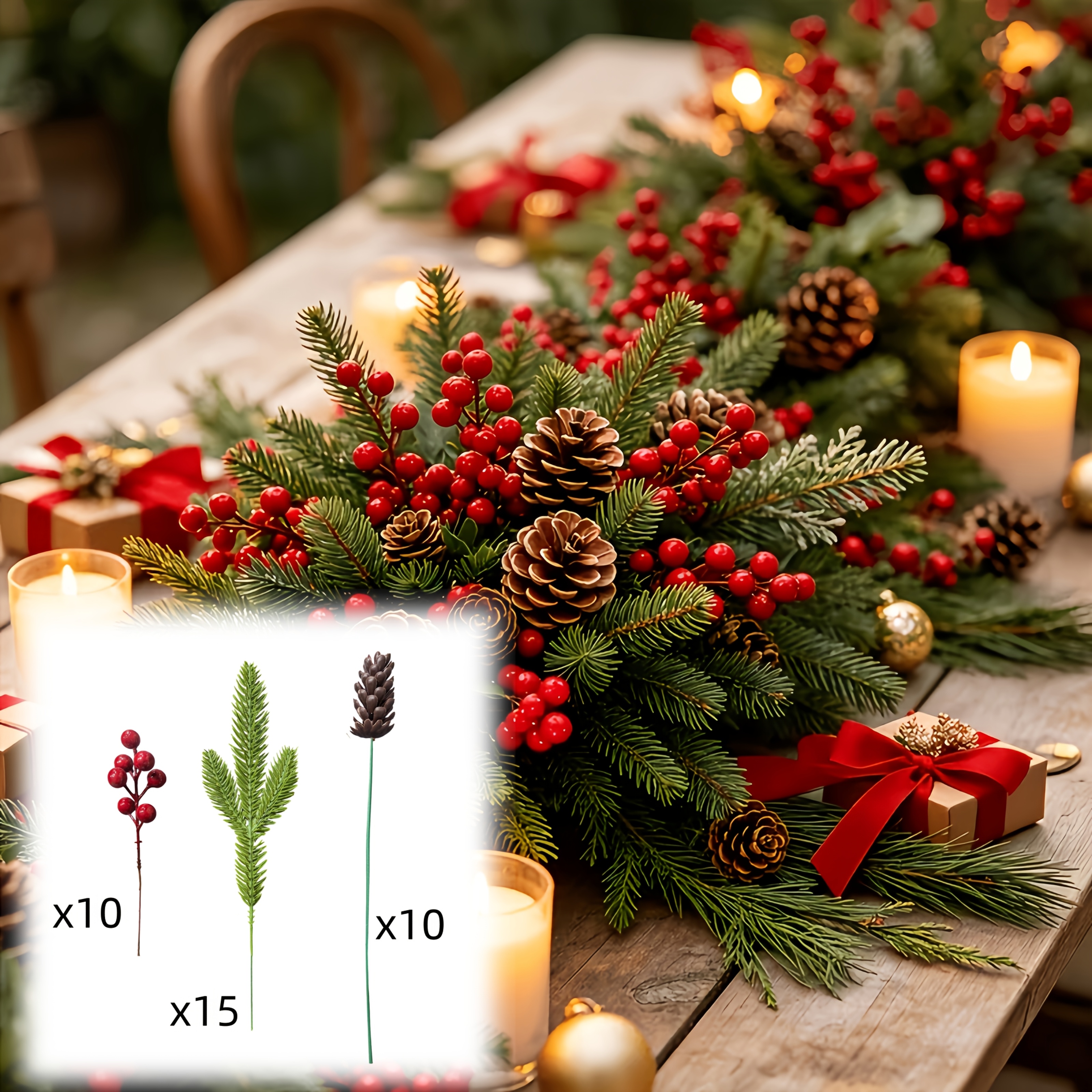 TEMU Bouquet de 35 pièces de branche artificielle de sapin et de pin/ artificielle/, entretien, décoration florale naturelle et pleine, J, convient