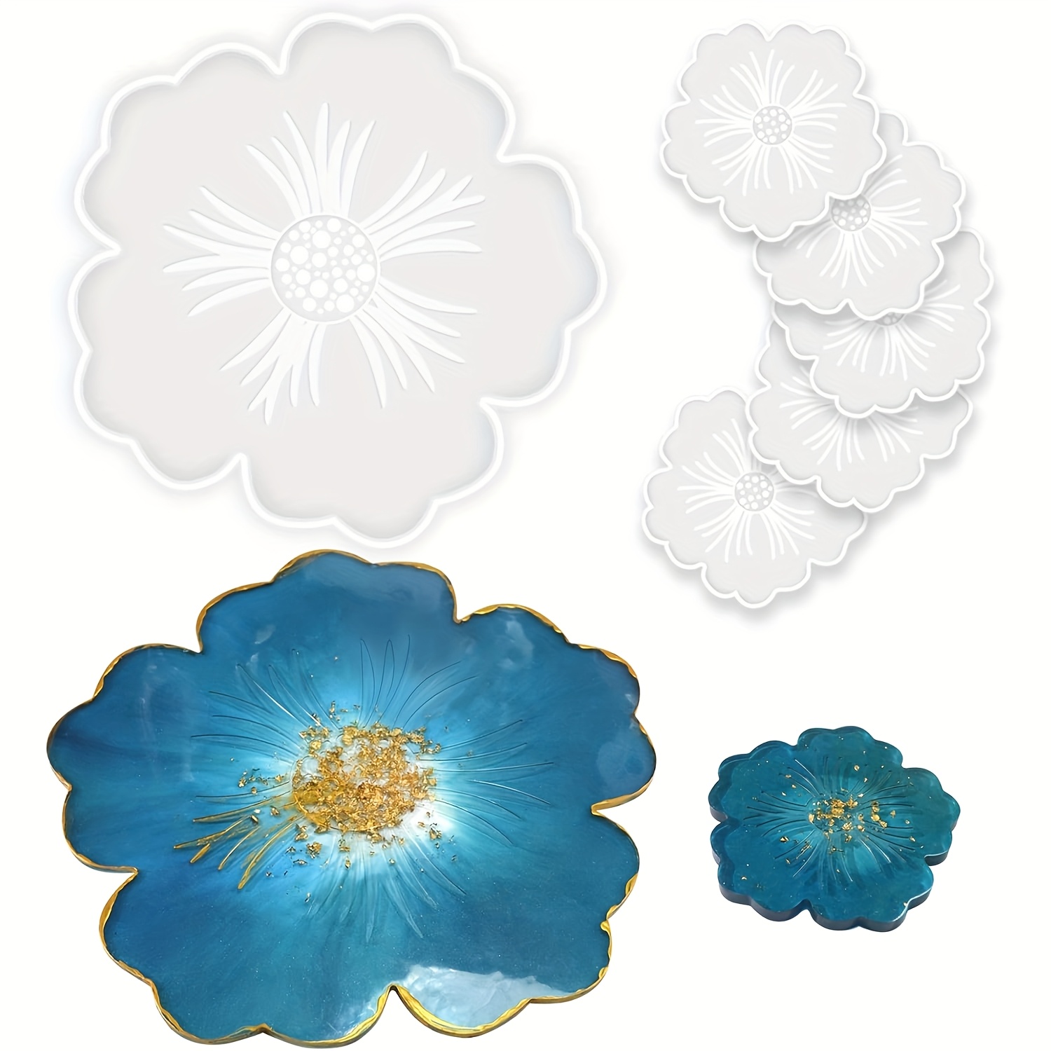 6pcs Silicone Resin Molds, 1pc Large Resin Tray Mold And 5pcs Coaster Molds For Resin Casting, Flower Shape Epoxy Resin Casting Molds For Diy, Home Decoration, Table Wine Tray