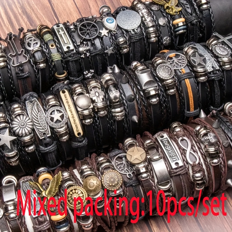 E-shop 10 Stück Mixed Color Punk Style Armband-Set, PU-Leder Geflochten Trendig Vielseitig Valentinstag Geschenk für Freund, für Teenager