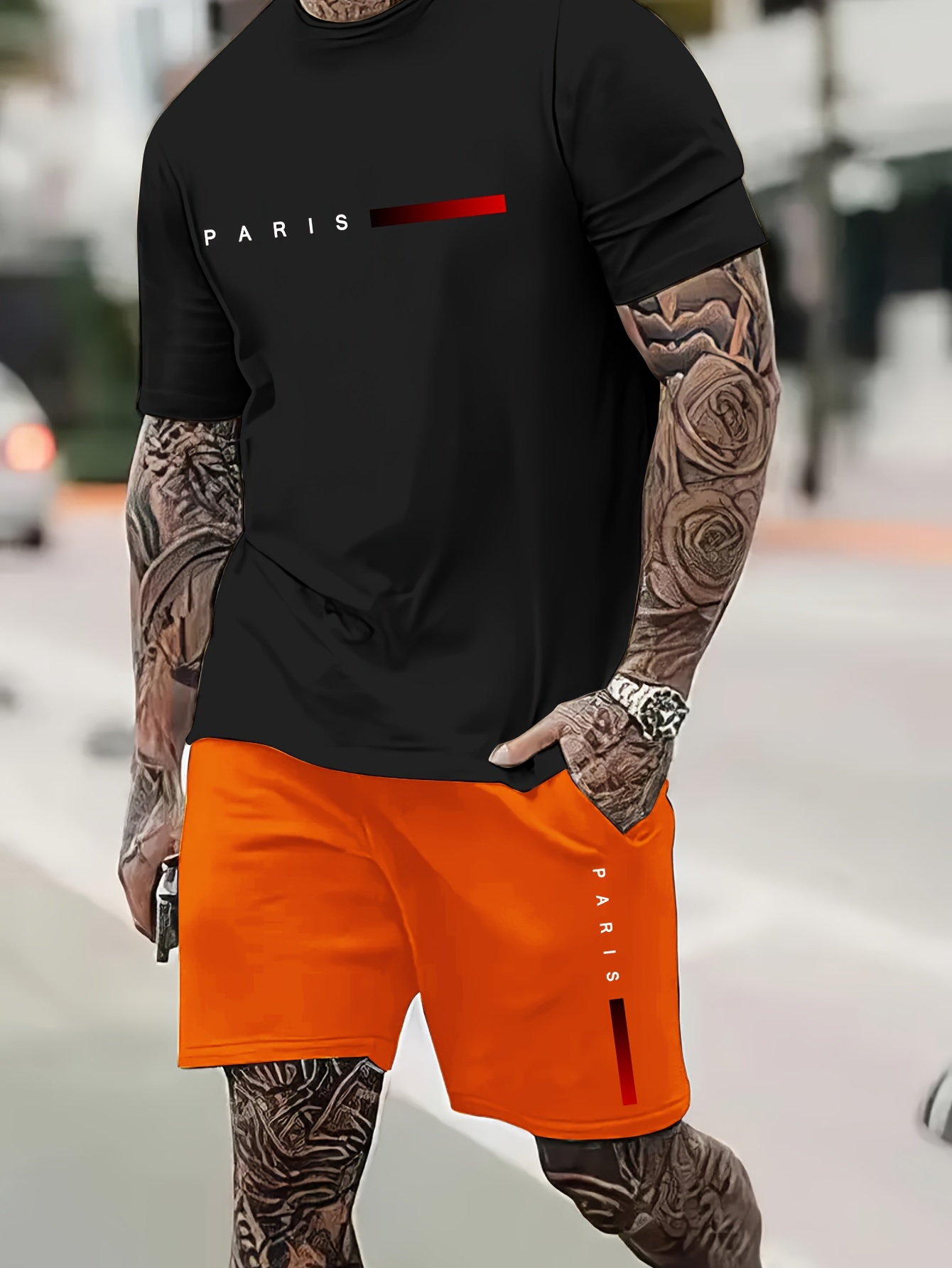 paris pattern print short sleeve round neck t shirt jogger shorts set summer 2pcs comfy outfits for men details 0