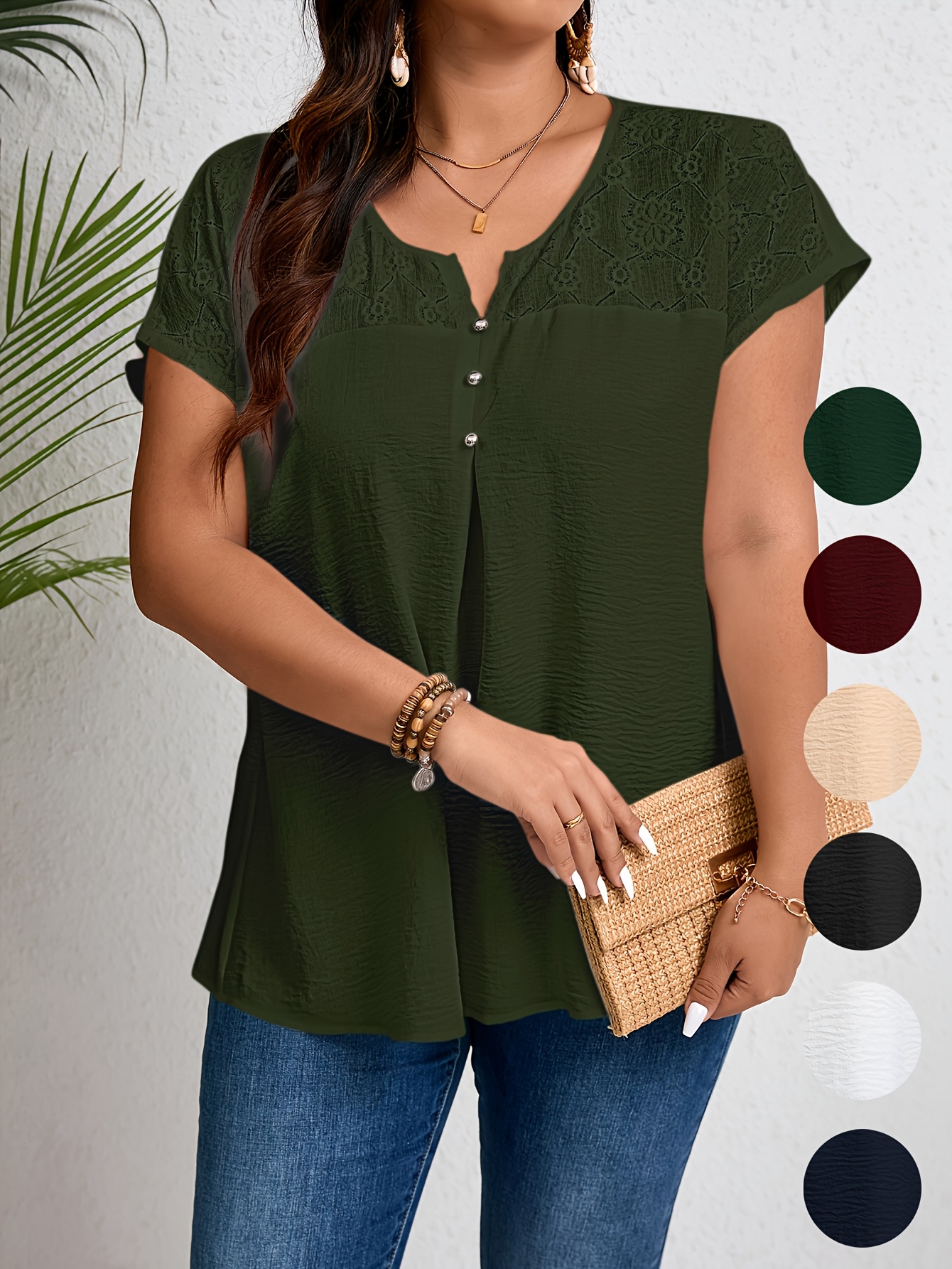Women'S Plus Size Casual Top - Elegant Maroon Blouse with Contrast Lace Detail, Non-Stretch Fabric, Perfect for Spring/Summer/Fall, Plus Size Blouses