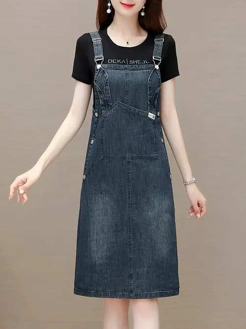 여성용 캐주얼 데님 핀포어 드레스, 어깨 스트랩, 버튼 디테일, 80% 폴리에스터 20%, 스트레치되지 않는 소재, 단색, 직조, 271g/m², 봄/여름/가을용