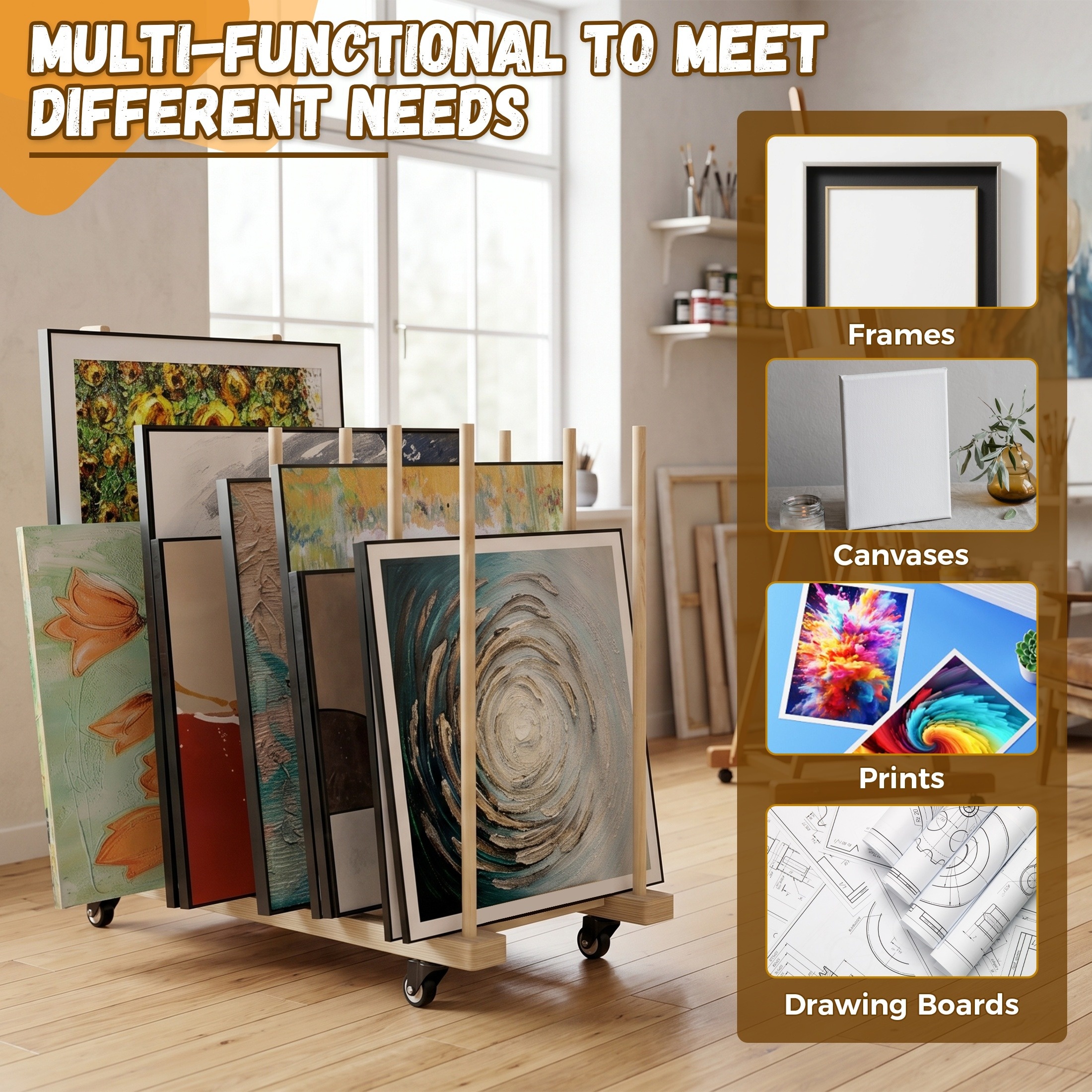 Mobile Art Canvas Drying Rack With Lockable Casters, Solid Plywood Art Storage Cart With Adjustable Dividers & Handle, Portable Painting Board Storage Stand For , Art Classrooms & Artists