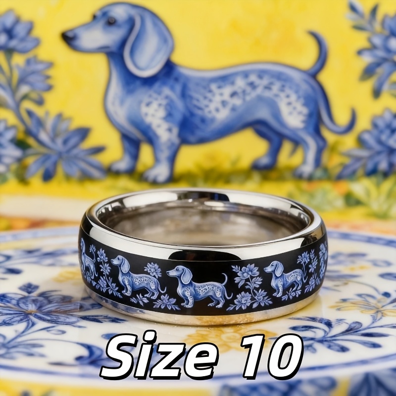 Blue Porcelain Dachshund Pattern Stainless Steel Ring, Floral Design