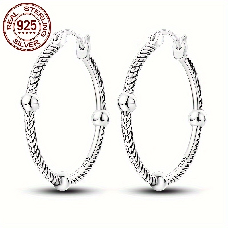 

925 Sterling Silver Hoop Earrings - Elegant No Plating Twisted Snake Chain Pattern With Triple Ball Detail, Hypoallergenic Ear Needle, Versatile For Party Occasions And Valentine's Day Gift, 1 Pair