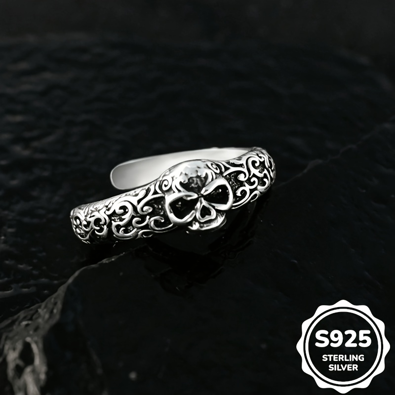 Image of 1pc S925 925 Silvery Plated Trendy Retro Distressed Skull Men And Women Ring Gift Open Adjustable High-quality Jewelry Casual Party Wear