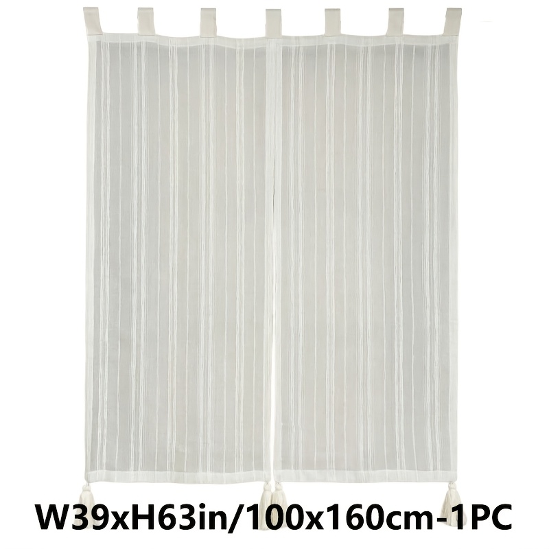 TEMU 1pc Rideau de gaze beige à pompons et broderie rayée de style japonais, balai, villa, ferme, tulle transparent, rideau de café, rideau court à ,