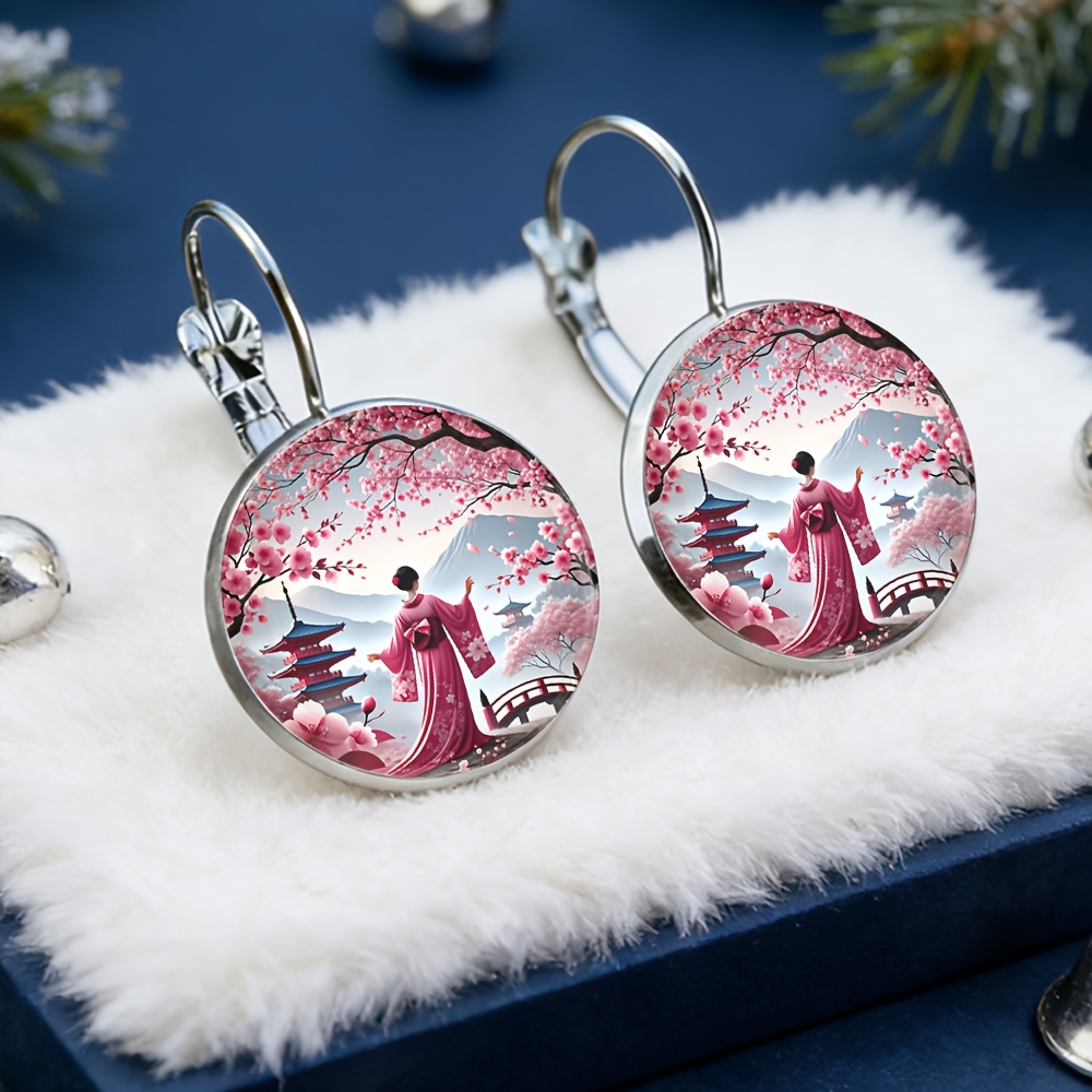 TEMU Pink Kimono -style Earrings, Alloy Material With Glass Inlay, A Fashionable Gift For Women, Exquisite Earrings Suitable For Daily Wear
